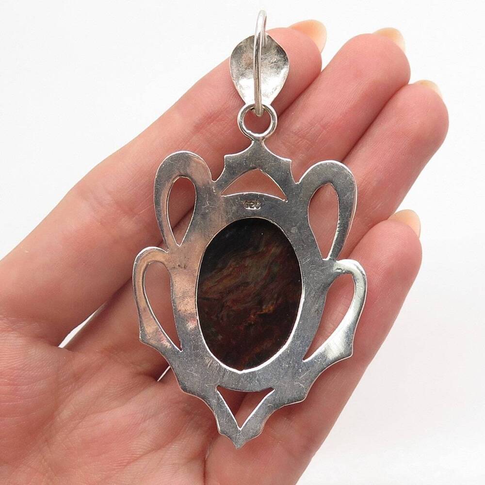 925 Sterling Silver Vintage Real Tiger Iron Gemstone Pendant - Picture 4 of 6